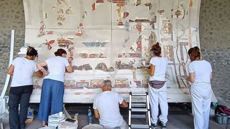 Pompei presenta il soffitto affrescato ricostruito della sala da banchetto, il restauro continua